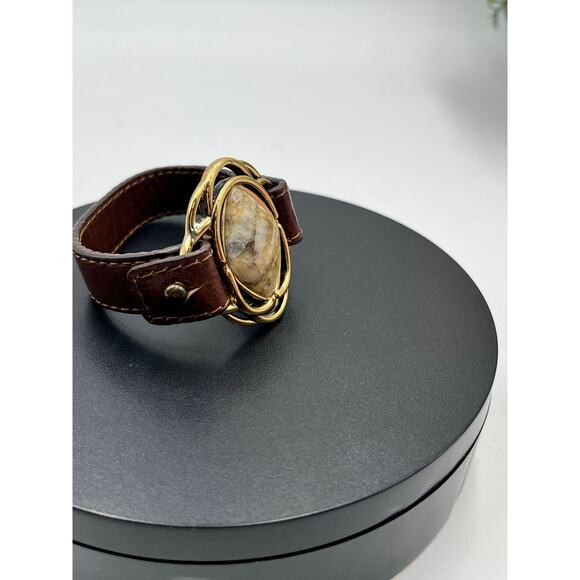 Barse Vintage African Opal Bronze Brown Tooled Genuine Leather Bracelet - Picture 3 of 11